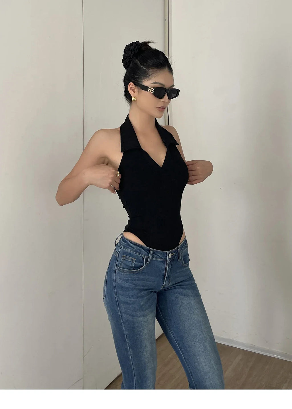 American Style Spicy Girl Sleeveless Polo Neck Solid Bodysuits Women's 2024 Summer New Sexy Backless High Waisted Slim Top Q29N