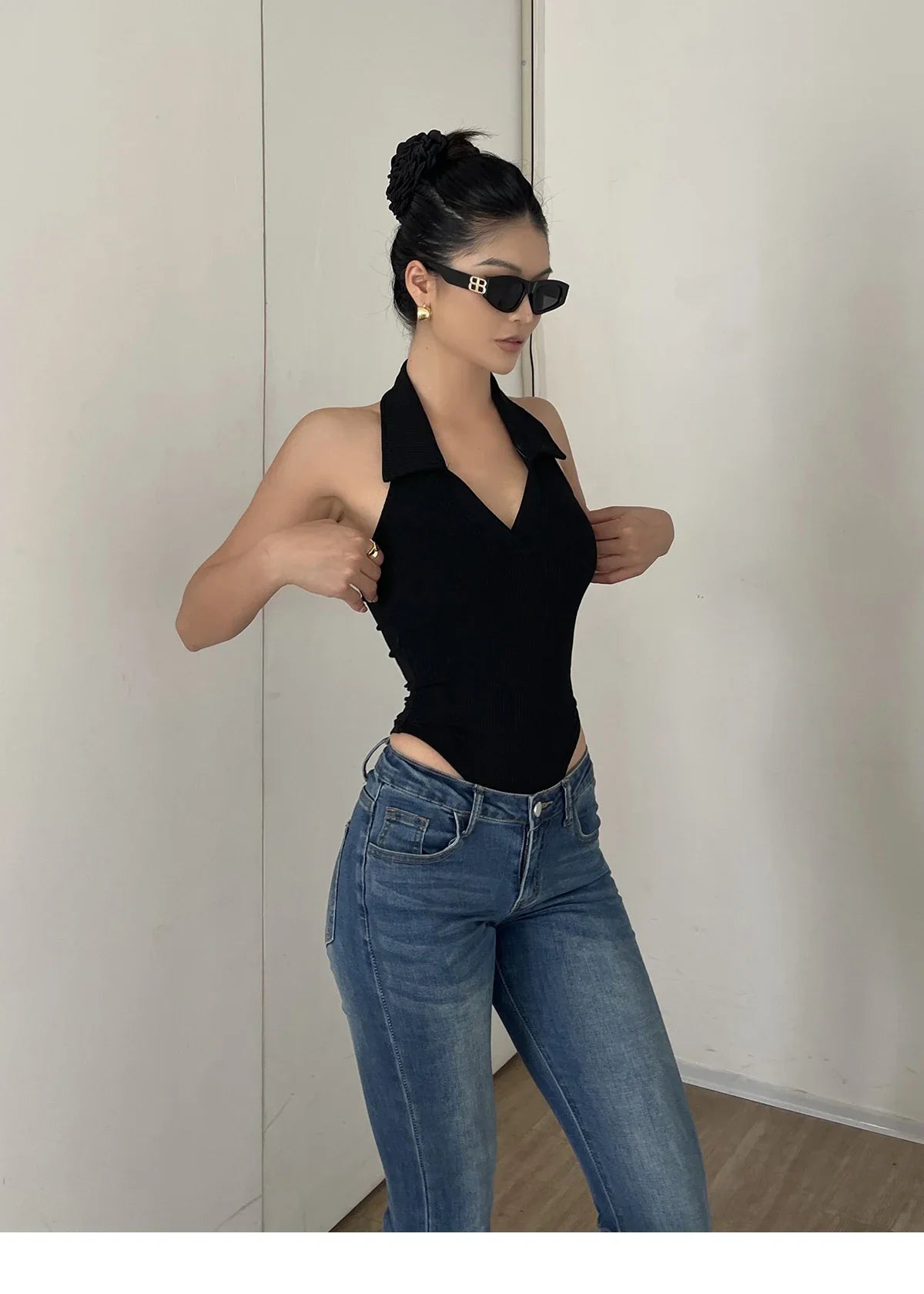 American Style Spicy Girl Sleeveless Polo Neck Solid Bodysuits Women's 2024 Summer New Sexy Backless High Waisted Slim Top Q29N