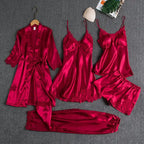 5PCS Women's Ice Silk Sexy Pajama Set Breathable Lace Satin Pajama Bathrobe Five Piece Set Casual Home Clothes Spring and Summer