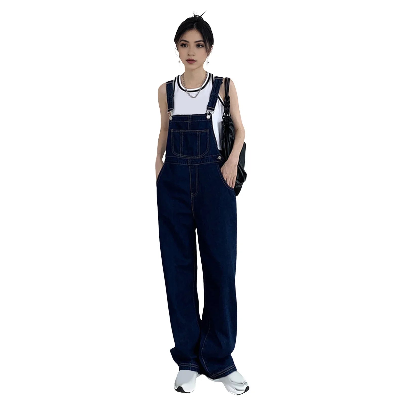 Denim Jumpsuit Summer Women Vintage Preppy Style Pockets Loose Fit High Waist Wide Leg Overalls Streetwear Straight Jeans