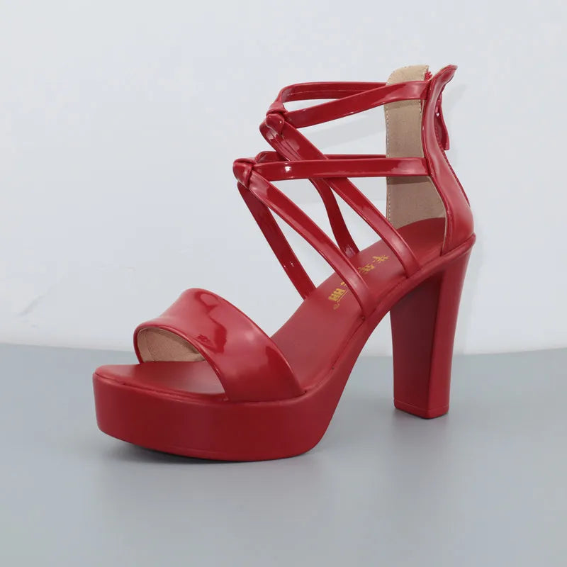 Big Size 32-43 Block Heel Platform Sandals Women Wedding Shoes 2025 Summer High Heels Gladiator Sandals Patent Leather Sandals
