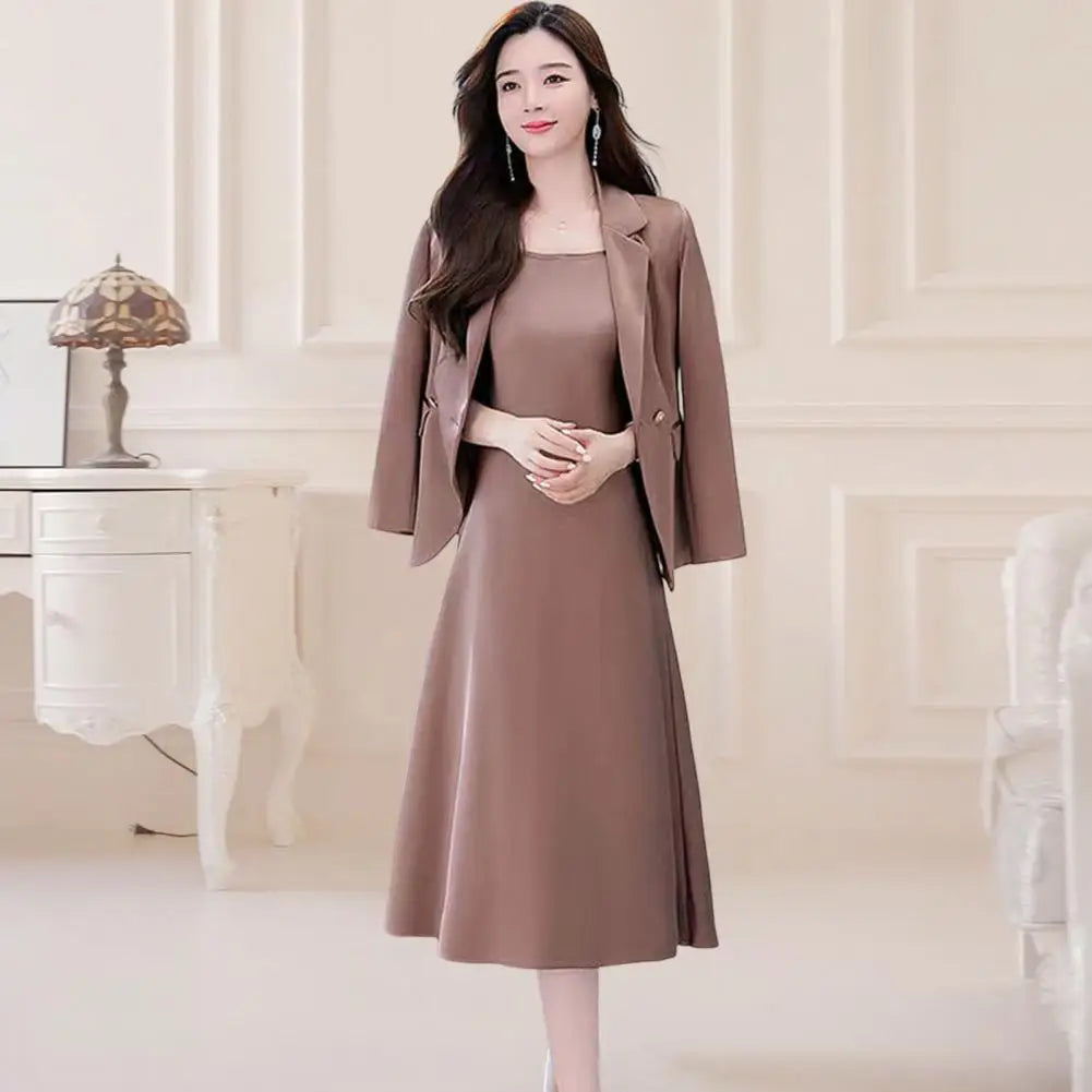 2Pcs/Set Summer Women Suit Dress Outfit  Solid Color Mid-length Lady Dress Sets Light Luxury Commute Sling Dress Coat Set
