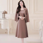 2Pcs/Set Summer Women Suit Dress Outfit  Solid Color Mid-length Lady Dress Sets Light Luxury Commute Sling Dress Coat Set