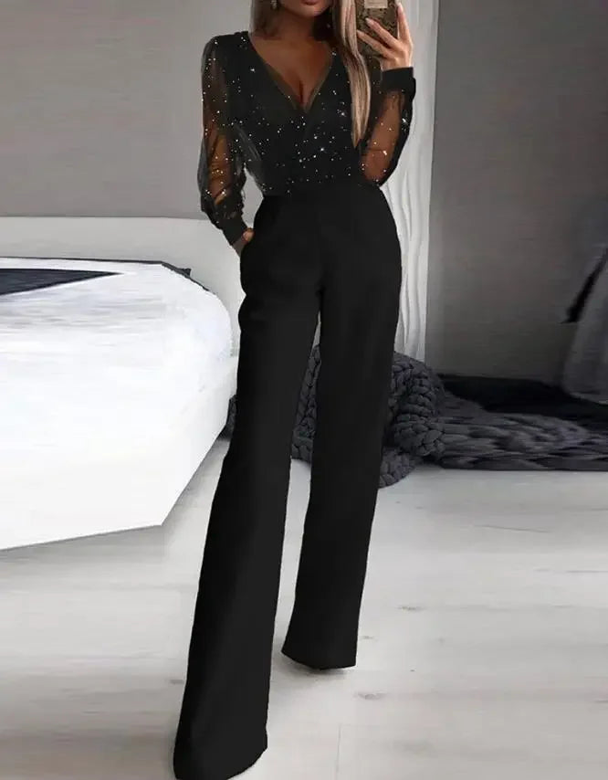 Elegant Jumpsuit Women Spring Fashion Glitter Print Sexy V-Neck Long Sleeve Casual Contrast Mesh Pocket Straight Leg Jumpsuit