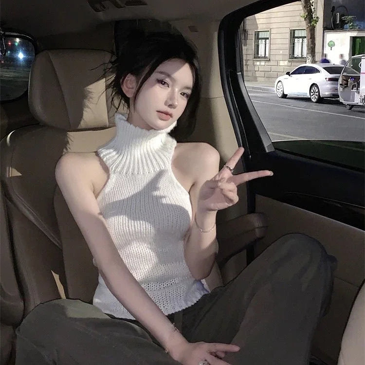 Crop Top Summer Y2K Clothes Fashion Sleeveless Shirts Turtleneck Tees Bandage Tanks Hollow Out Tops Women Sexy Gothic Clothing