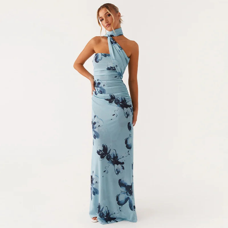 Elegant Floral Print Maxi Dress Backless Sleeveless Long Robes High Waist Slimming Dresses 2025 New Lady Vacation Beach Clothing