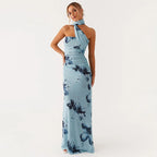 Elegant Floral Print Maxi Dress Backless Sleeveless Long Robes High Waist Slimming Dresses 2025 New Lady Vacation Beach Clothing