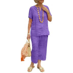 2Pcs Women Blouse Pants Set Solid Color Short Sleeve Loose Top Wide Leg Straight Pants Sets Casual Matching Tracksuit Outfit