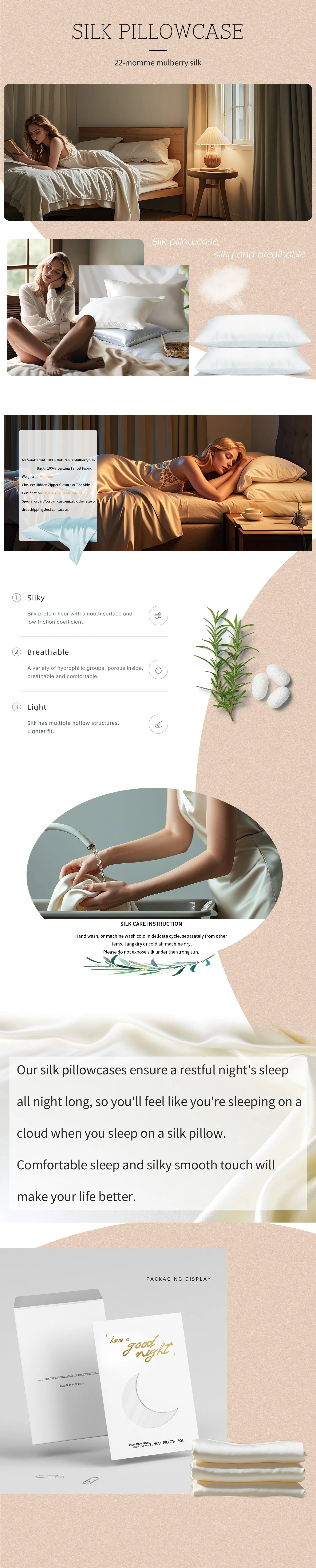 22 Momme 100% Natural Mulberry Silk Pillowcase With OEKO-TEX Front in Real Silk & Back in Lenzing Tencel Fabric,Silk Pillow Case