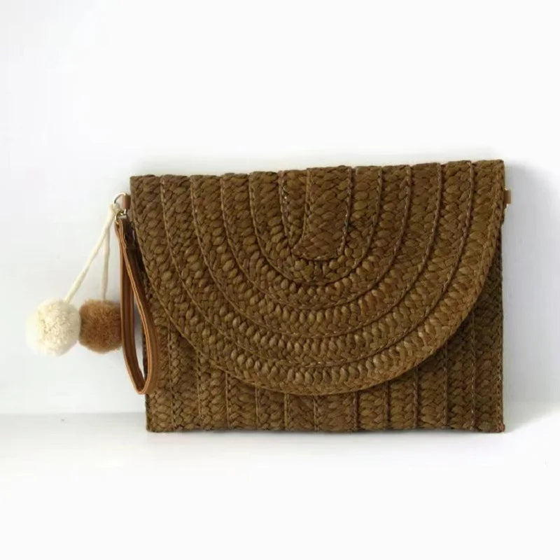 Corn Husk Weave Dinner Clutch Bag Women's Fashion Simple Solid Straw Large Purse Woman Summer Casual Vacation Ladies Wallet 2025