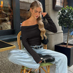 Candyhot Solid Elegant Off Shoulder Ribbed Crop Tops Autumn Fashion Casual Skinny Long Sleeve Camis Gentle Y2K Tight T-shirts