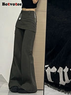 Botvotee Fake Two-Piece Plus size Wide Leg Jeans for Women 2025 New Y2k Fashion Streetwear High Waisted Flare Denim Pants