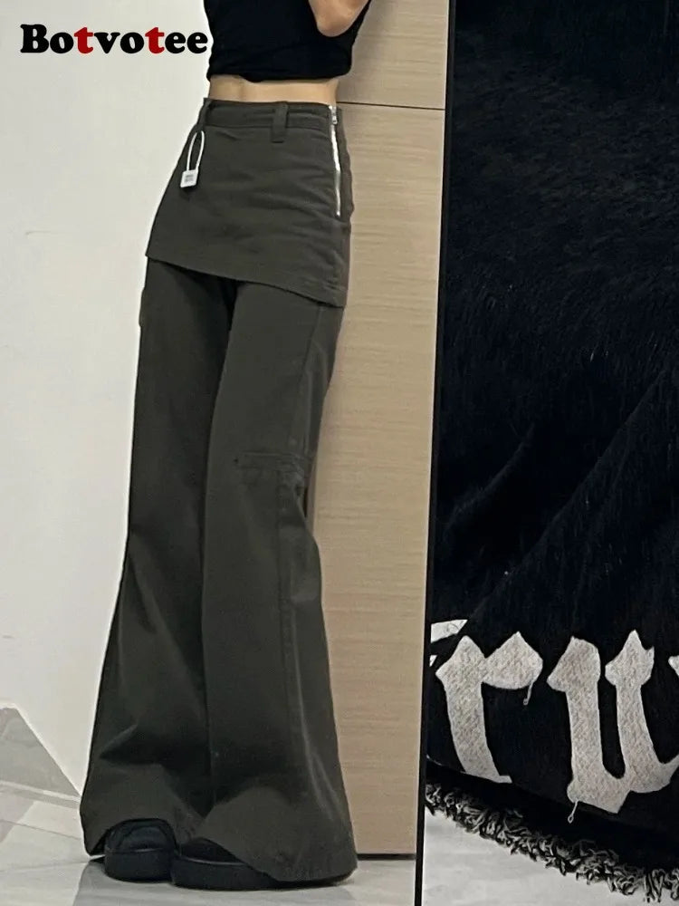 Botvotee Fake Two-Piece Plus size Wide Leg Jeans for Women 2025 New Y2k Fashion Streetwear High Waisted Flare Denim Pants