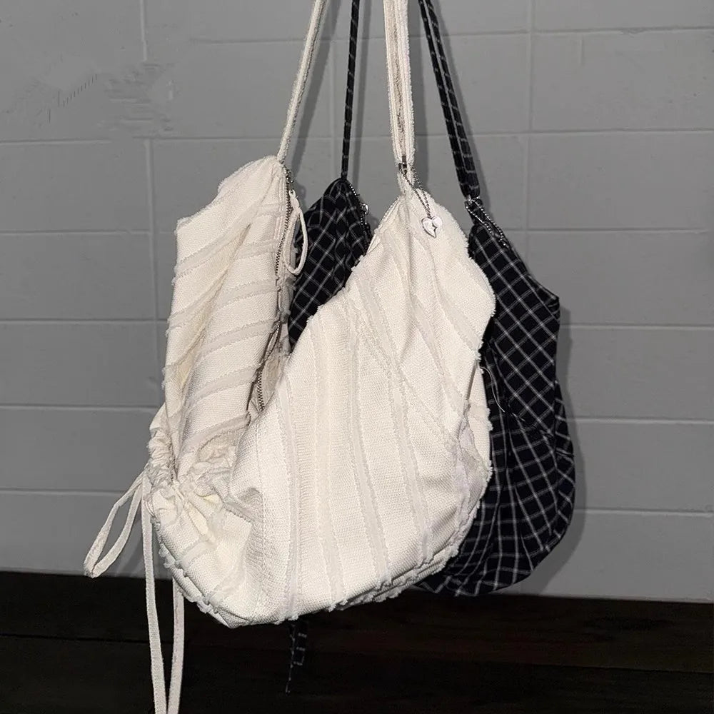 Casual Large Capaci Canvas Tote Bag Dstring Single oulder Folded Woven Handle Quali Crossbody Bag Faionable Trendy