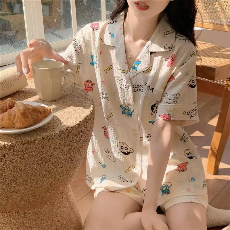 Cute Girl's Summer Cotton Linen ort Sve Nightgown Home Clothes Set Bear Print Gauze Spwear Simple Home Sle