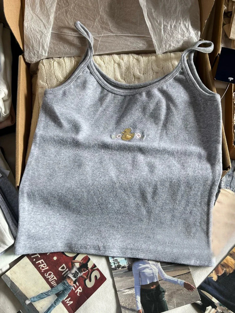 Cute Animal Embroidery Tank Tops Women Summer Lace Trim Cotton Sleeveless Camisole Vests Solid Vintage Sweet Slim Crop Top Y2k