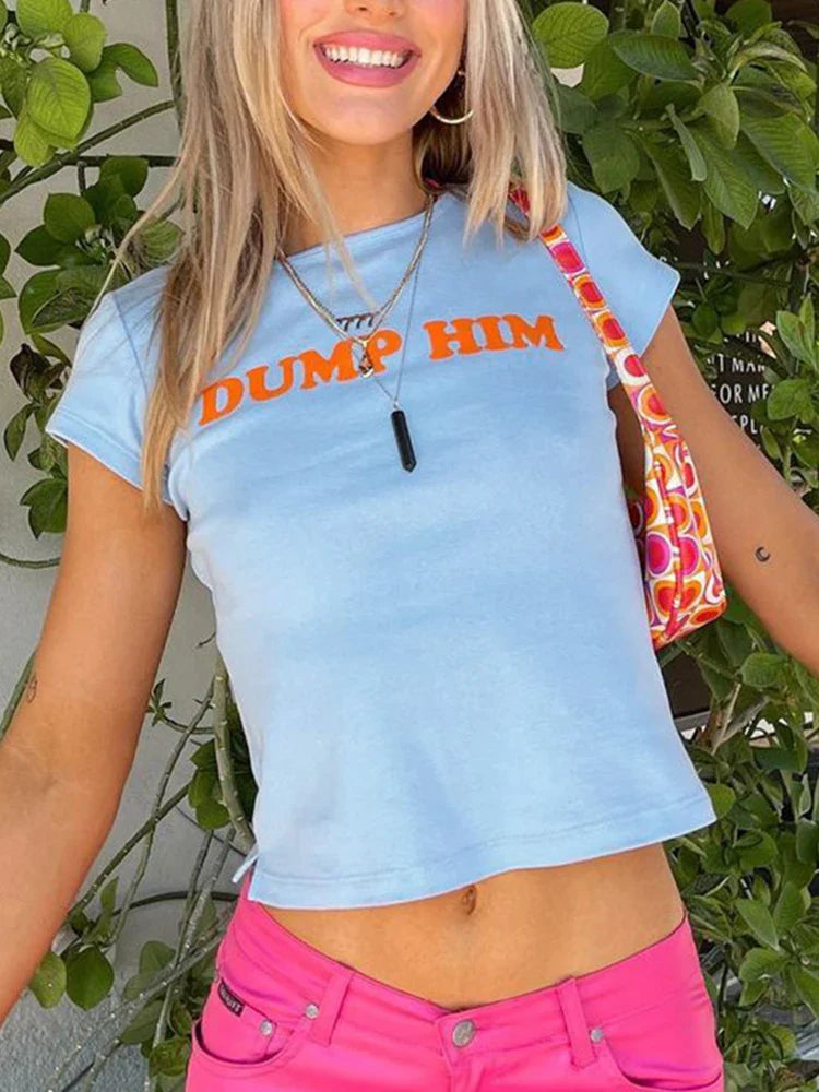 Cute 2000s Aesthetics Letter Print Blue Baby Tees Y2K Streetwear O-neck Short Sleeve Crop Tops Women Fashion 2023 Slim