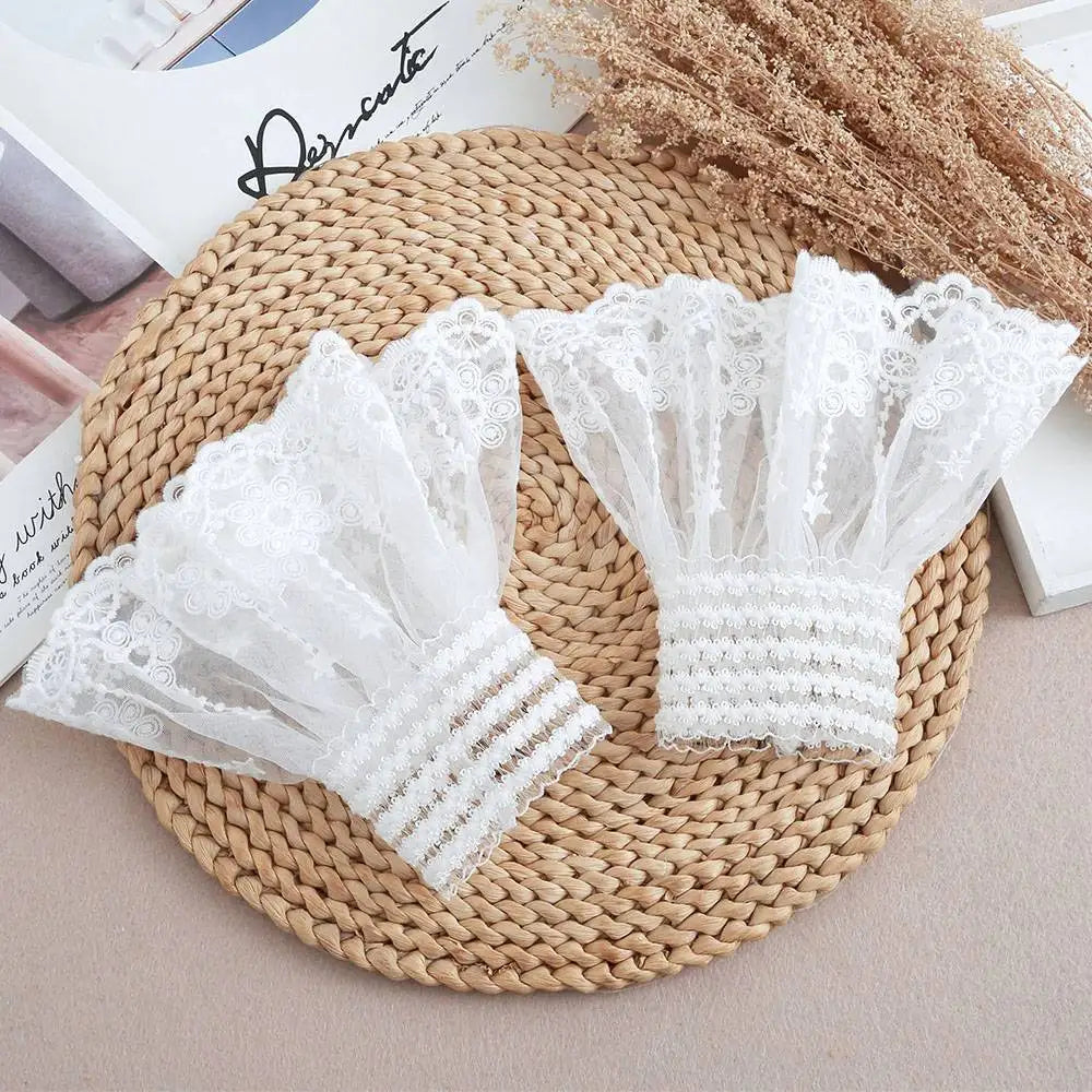 1Pair Detachable Cuffs Lace Flower Mesh Fake Flared Sleeves Double Layer Pleated Ruched False Cuffs Sweater Blouse Wrist Warmers