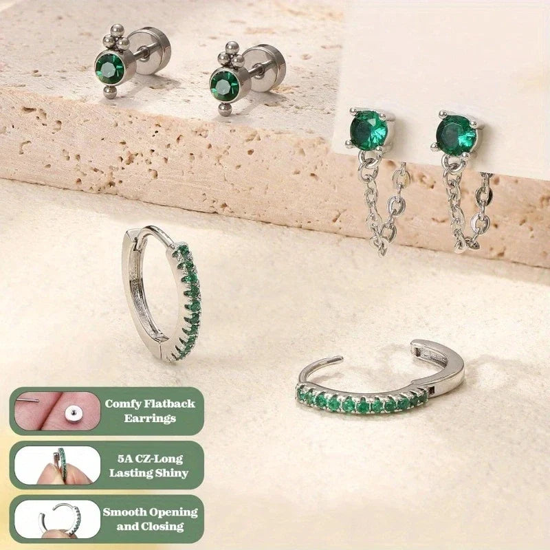 20pcs Stainless Steel Delicate Comfortable Green Gemstone Flat Back Earring Set,Hypoallergenic Small Hoop Earrings Jewelry Gifts