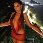 Combhasaki Womens Summer Beachwear Y2K Halter Deep V-Neck Sleeveless Backless Flower Tie-dye Print Bodycon Slim Short Mini Dress