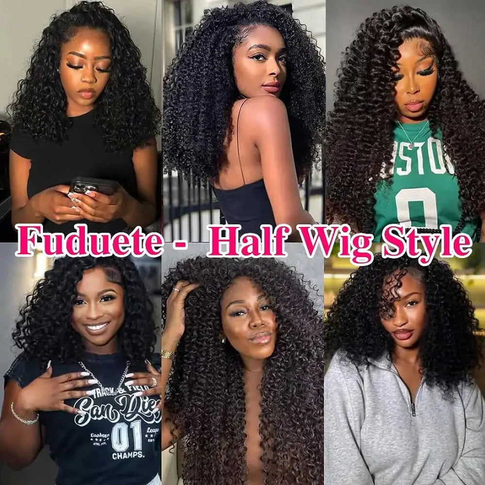 Half Wigs Human Hair Kinky Curly 3 In 1 Human Hair Wig Seamless Flip Over Half Wig Beginner Friendly Curly Wigs for Women