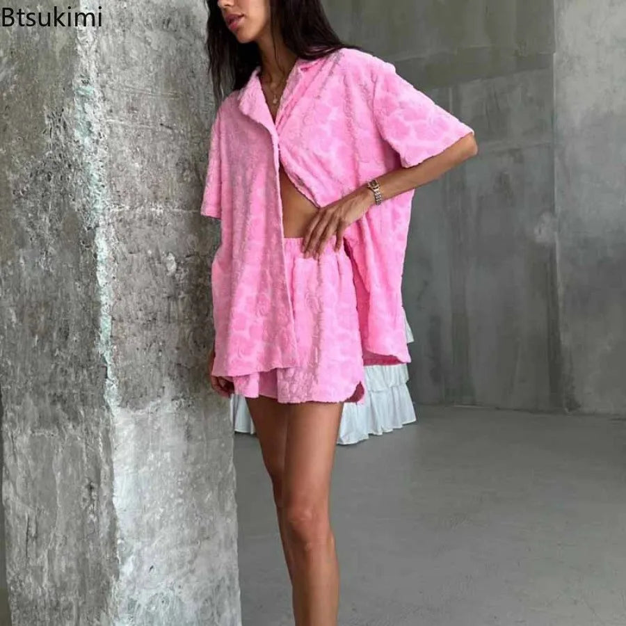 2025 Women's Soft 2PCS Pajama Sets Pink Color Loose Suit Elegant Sleepwear Sets Casual Lapel Short Sleeve Shirt + Shorts Outfits