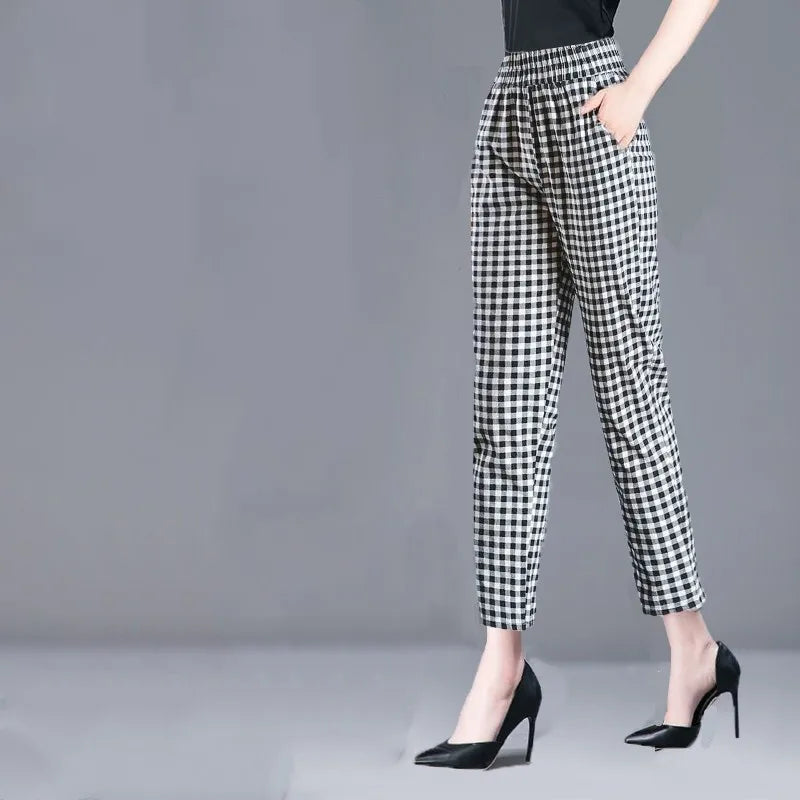 1pcs Spring Summer Women Cotton Comfort Breathable Pants Female Grid Flower Print Casual Loose Pant Lady Haren Straight Leg Pant