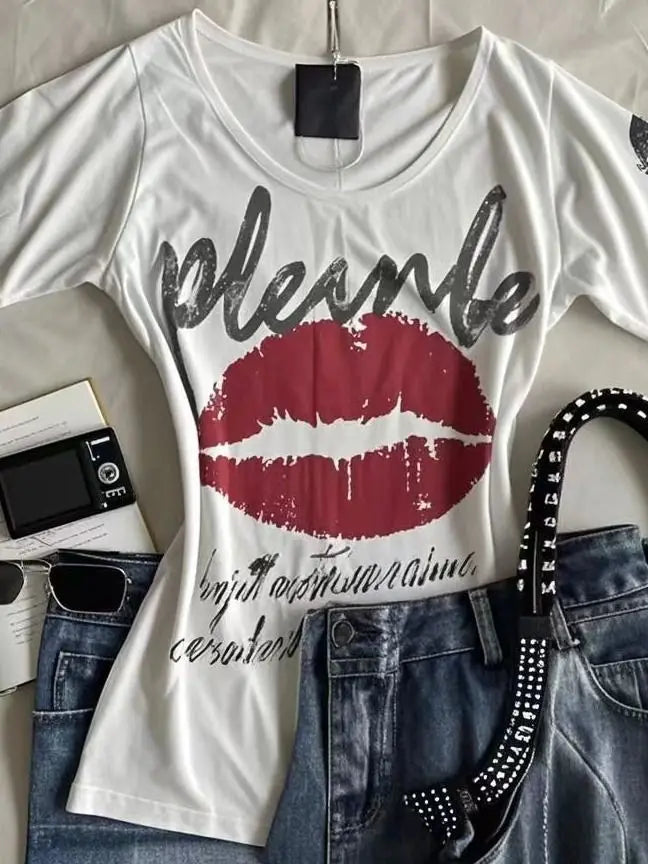 American Retro Sweetheart Red Lips Letter Print Slim Short-sleeved T-shirt Women Summer Fashion Street Hot Sexy Casual Top