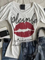 American Retro Sweetheart Red Lips Letter Print Slim Short-sleeved T-shirt Women Summer Fashion Street Hot Sexy Casual Top
