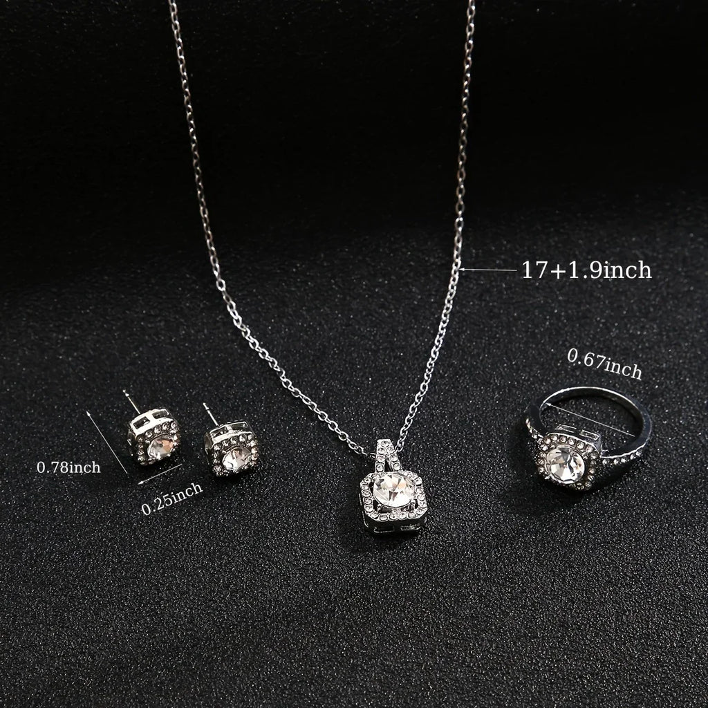 3Pcs/set Fashion Square Zircon Necklace Earrings Ring For Women Luxury Wedding Engagement Jewelry Shining Party Jewelry Gifts