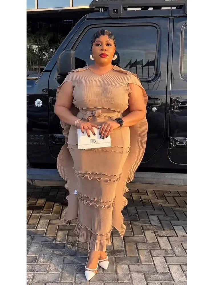 EGRM Miyake Solid Pleated French Three-dimensional Fungus Edge Cake Dress Women's Loose Long Dresses 2025 Summer New 6R8109