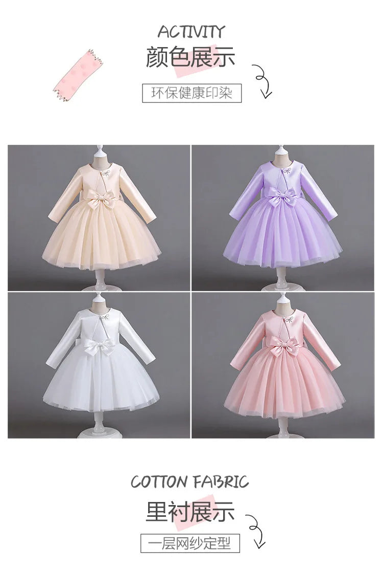 ELBCOS 4-14Y Girls Tie Crew Neck Long Sleeves Solid Color Fold Skirt Cardigan Coat Waist Bow Costumes Princess Party Dress Suit