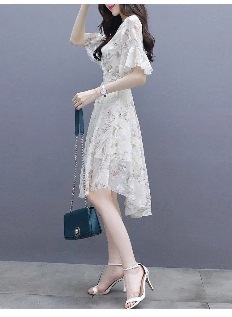 Ele Summer  Women's Midi Dr ang Hai Sle Sweet Princ round Ne ort Sve A-Line Skirt Printed Chiffon Dr