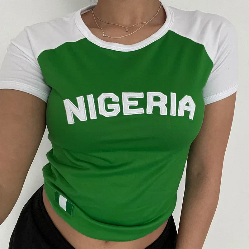 2025 Summer New y2k Leisure Color Blocked Embroidered Nigeria Letter Green T-shirt trend 2025 Women's Clothing Crop Top EMO
