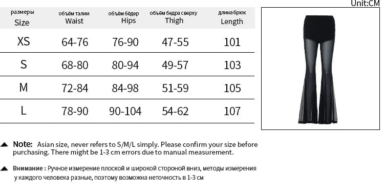 American Fashion Gothic Style Mesh Black Silk Sexy Trousers Suit Women's Summer Street Hip-hop Y2K Black Flared Pants