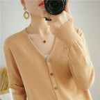 100% Cotton Line Long Sleeve V-Neck Knitted Cardigan Women Loose Short Solid Color Simple Sun Protection SMY K61