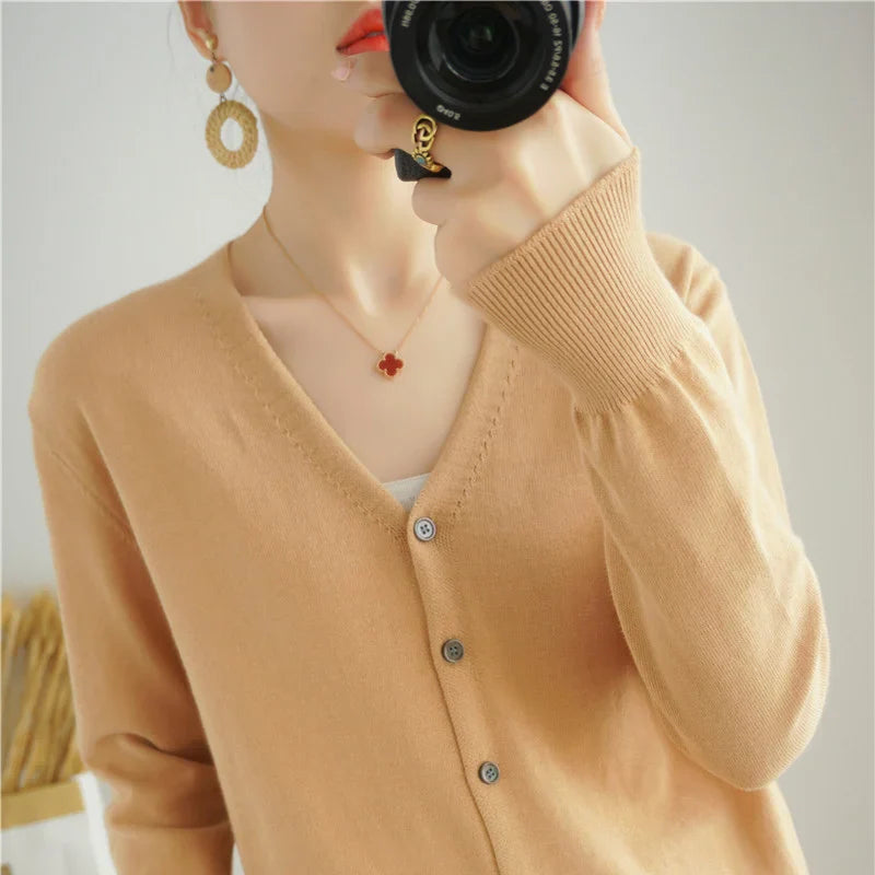 100% Cotton Line Long Sleeve V-Neck Knitted Cardigan Women Loose Short Solid Color Simple Sun Protection SMY K61