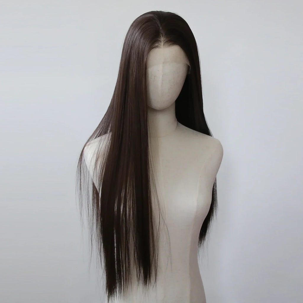13*4 Dark Brown Synthetic Lace Front Wigs Chocolate Brown Long Straight Lace Front Wig for Women Pre Plucked Natural Hairline