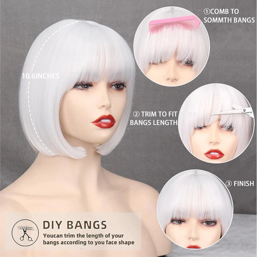 HAIRJOY Women Short  Straight  White Bob Wig with Bangs  Synthetic Hair for Daily Party Cosplay Halloween