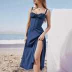 Comfortable Midi Dress for Women Sleeveless Party Dress Elegant Lace-up Bandeau Dress with Corset Design Side Split Hem Women's