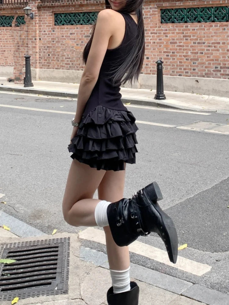 Chic Y2K Sleeveless Mini Dress For Woman Summer Black Dresses Sexy Clubwear Party Slim fit Ruffle Pleated Short Dress