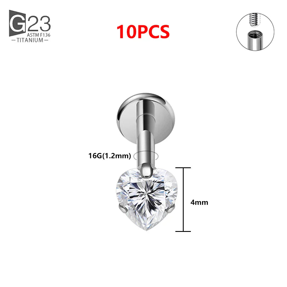 1/10PCS ASTM F136 Titanium 16G Heart CZ Threaded Labret 3mm/4mm CZ Cartilage Tragus Helix Nose Stud Piercing Jewelry