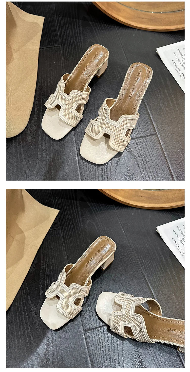 2025 Summer new arrival,fashion style grids high heel slippers for woman,thick heel outwear beach sandals for women
