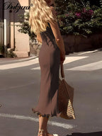 Dulzura Sleeveless Ruffles Patchwork Strapless Bodycon Midi Dress Women'S Solid Sexy Outfit Party Clubwear For Autumn Winter