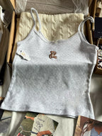 Cute Animal Embroidery Tank Tops Women Summer Lace Trim Cotton Sleeveless Camisole Vests Solid Vintage Sweet Slim Crop Top Y2k