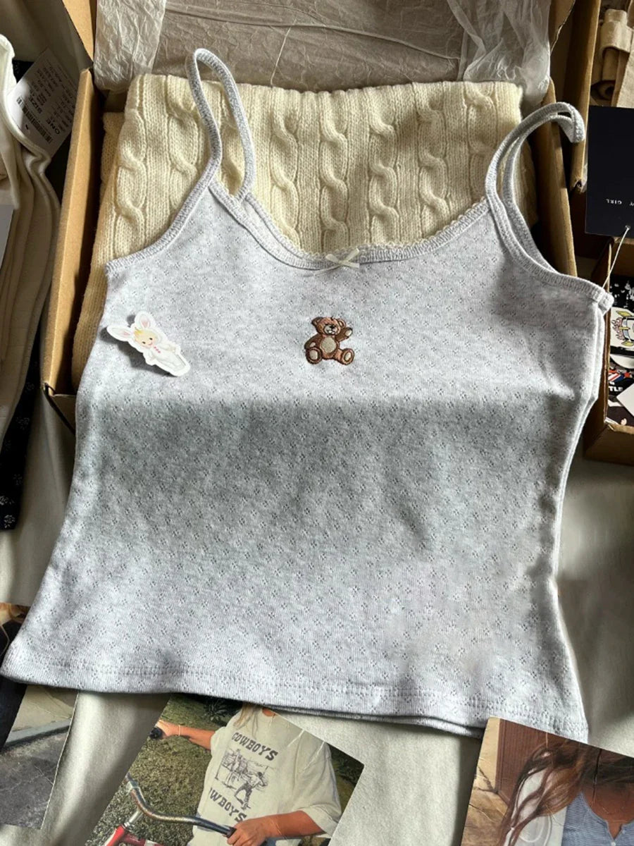 Cute Animal Embroidery Tank Tops Women Summer Lace Trim Cotton Sleeveless Camisole Vests Solid Vintage Sweet Slim Crop Top Y2k