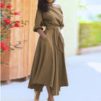 Elegant Women's Spring/Summer Fashion Green Diagonal Neck Middle Sleeve Casual Dress Women's Casual Retro Long Dress s-3XL
