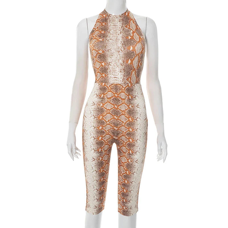 CUTENOVA Women'S Full-Body Printed Hanging Neck Tie Backless Skinny Five Points Jumpsuit Simple Casual Sexy Street Jumpsuit