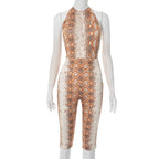 CUTENOVA Women'S Full-Body Printed Hanging Neck Tie Backless Skinny Five Points Jumpsuit Simple Casual Sexy Street Jumpsuit