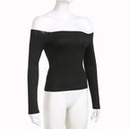 Black Solid Slash Neck Elegant Long Sleeve Tops Korean Fashion Slim Sexy Cropped T Shirt Women Fall Clothing